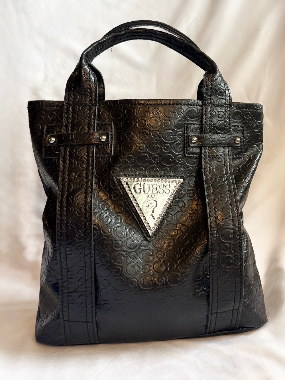 Vintage Y2K Guess Black Embossed Faux Leather Tote Bag with Rhinestone Triangle